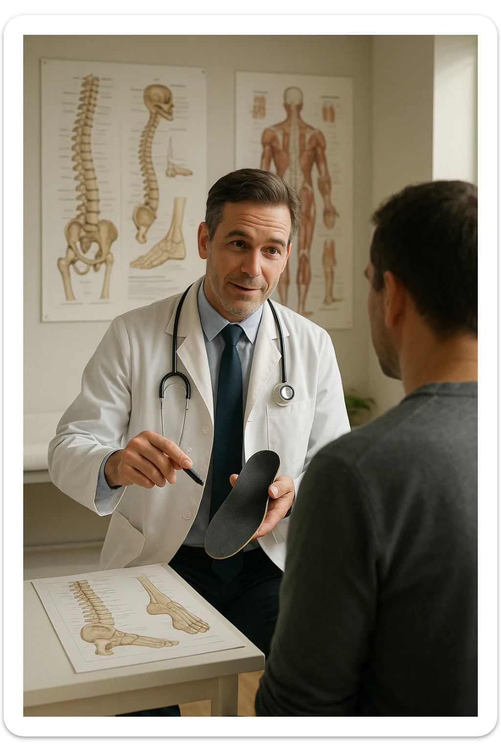 A realistic, cinematic illustration of a professional male doctor in his mid-40s, wearing a white coat, calmly explaining to a patient the benefits of using orthopedic insoles (plantari) for posture correction. The doctor holds a custom insole in his hand while pointing gently to a detailed anatomical poster showing the human spine, pelvis, and feet, illustrating the connection between foot alignment and posture. The setting is a bright, clean medical office with soft natural lighting, a treatment table, and educational anatomical charts in the background. The patient, seen from behind, listens attentively, while the doctor maintains a warm, knowledgeable expression, emphasizing preventive care and body alignment through plantar support. The scene feels trustworthy, modern, and health-focused. sticker