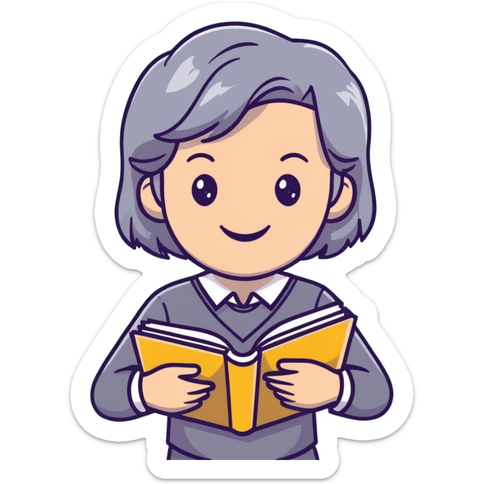 smiling English teacher with airtouch hair and grey-green eyes holding books and teaching materials sticker