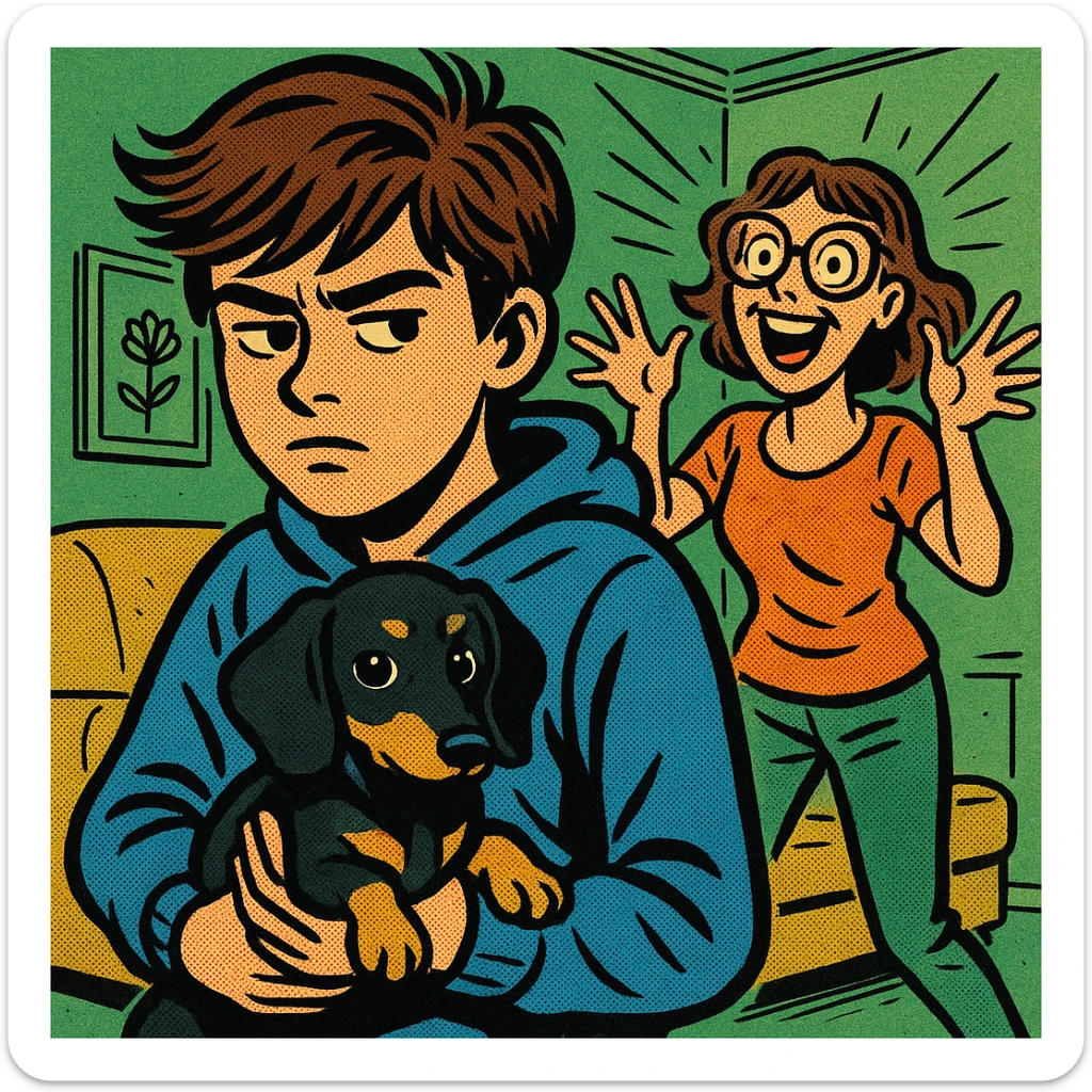A modern day teenager with brown hair wearing a blue hoodie with a black and tan puppy dachshund in a green living room with a happy crazy mum with brown hair wearing big glasses in the background sticker