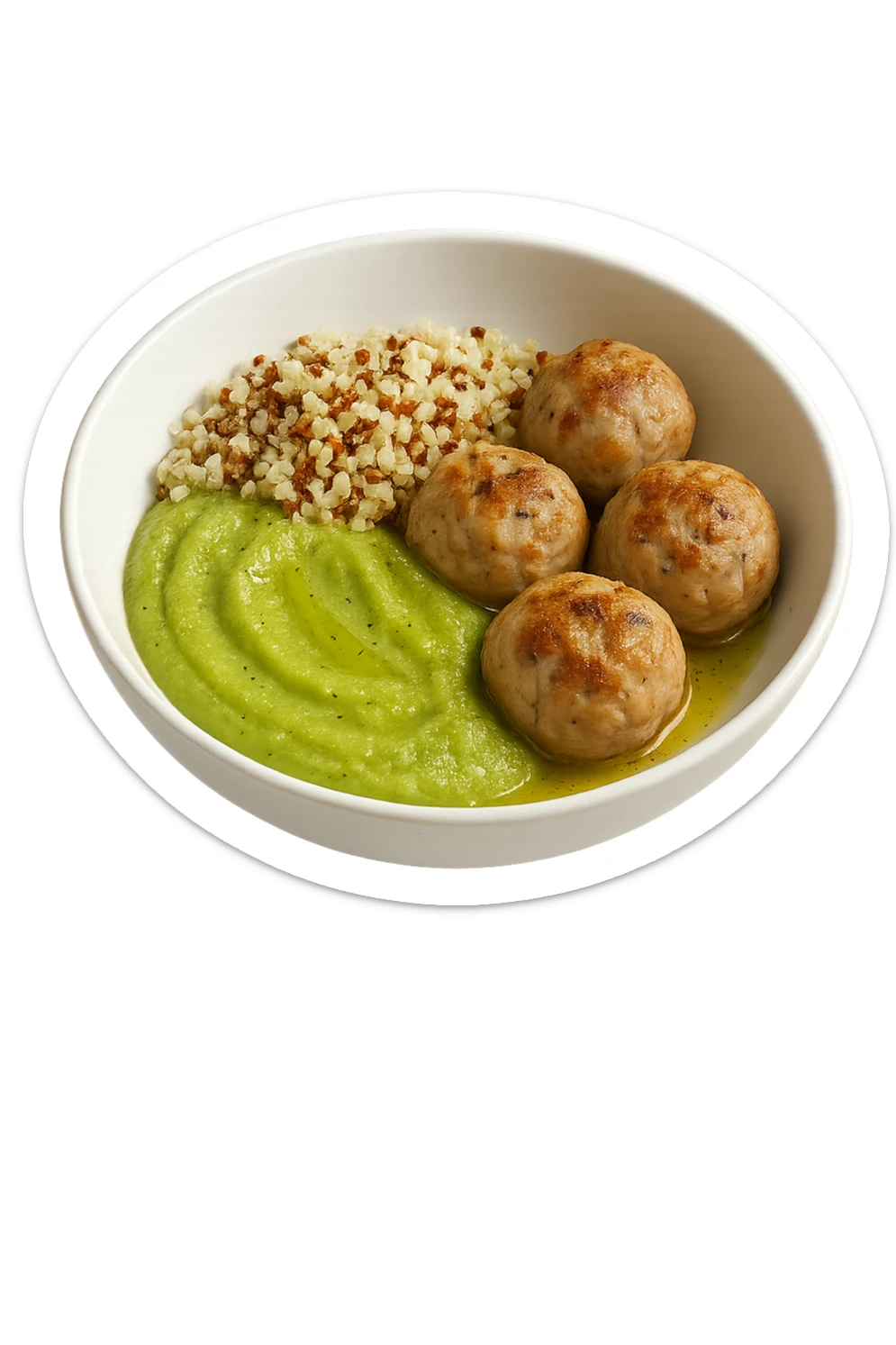 bowl bianca fluttua in aria con polpette di tacchino, purè di zucchine, quinoa e olio di oliva, iperrealistico 4k sticker