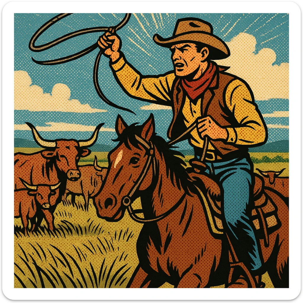 An American West cowboy on his horse on a cattle drive.  In the background are texas longhorn cattle and the grasslands of the Great Plains. sticker