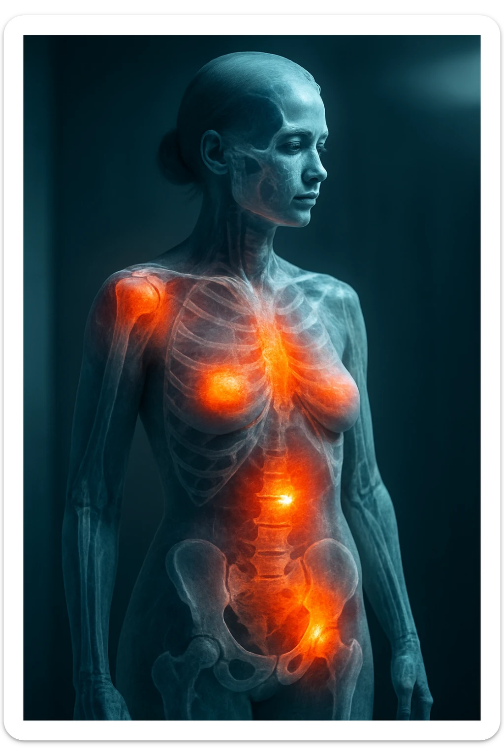 3D medical scanner view of female body with realistically highlighted inflamed areas in red and orange, anatomical details, dramatic clinical lighting, medical atmosphere, 2:3 aspect ratio sticker