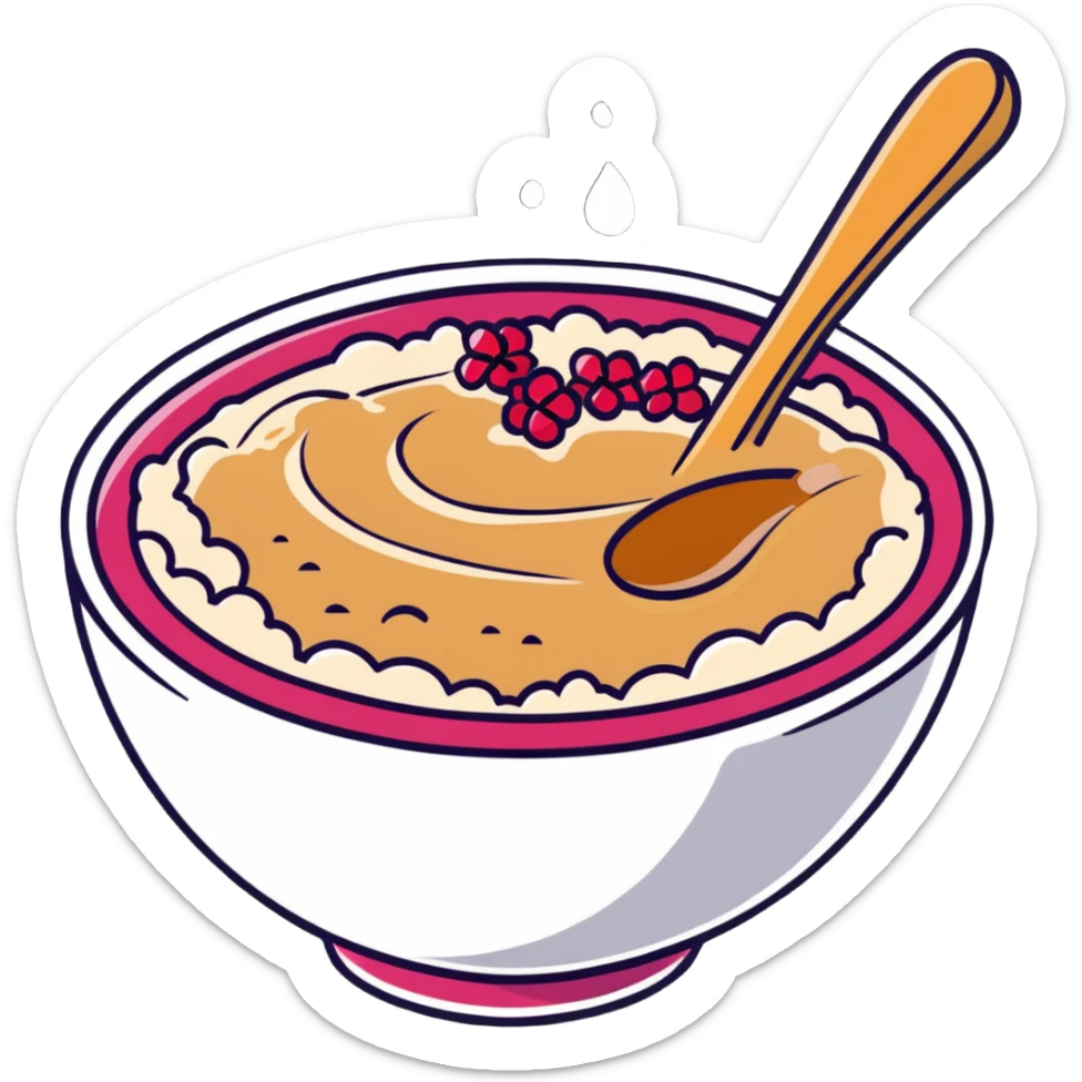 steaming bowl of oatmeal with a dollop of peanut butter, sprinkle of coconut flakes, and fresh pomegranate arils sticker