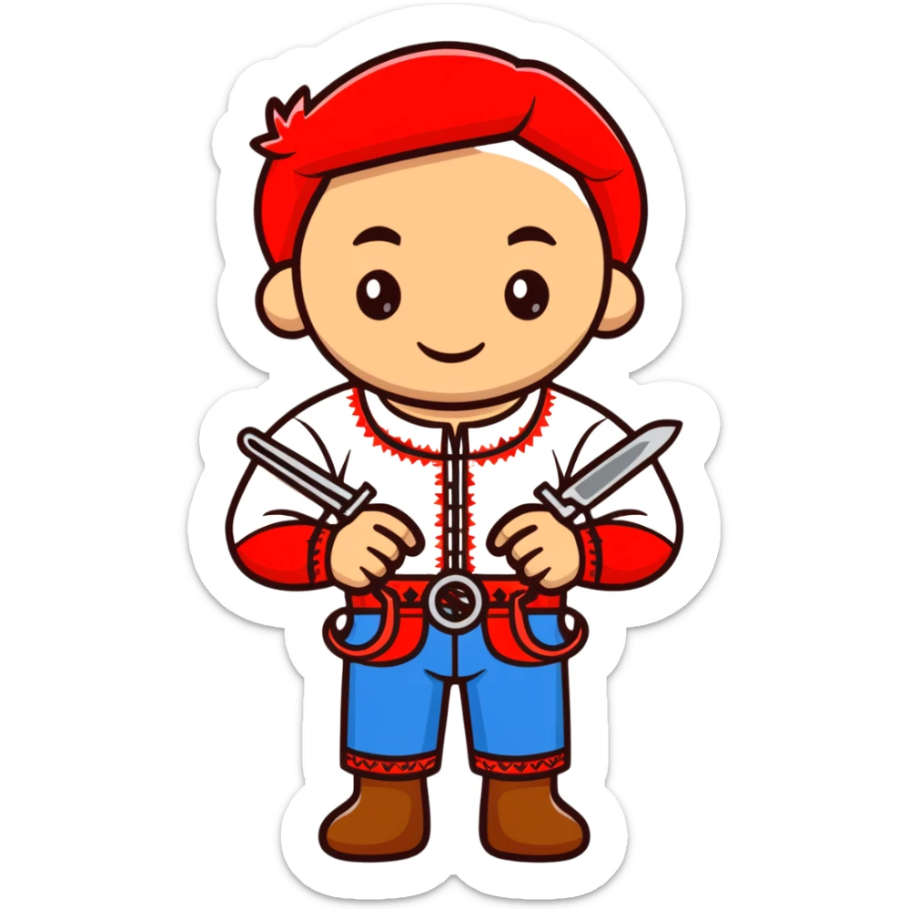 Ukrainian craftsman wearing traditional embroidered vyshyvanka shirt holding a spanner wrench and red scissors sticker