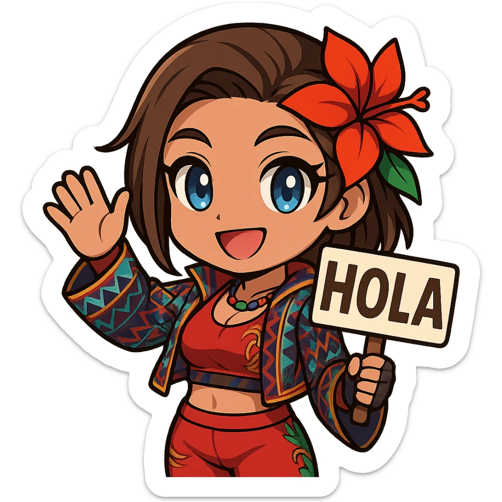 Azucena from Tekken 8 in chibi sticker style, holding a sign that says 'HOLA', waving, wearing the detailed red and patterned outfit from the reference images, designed for Twitch emote use. sticker