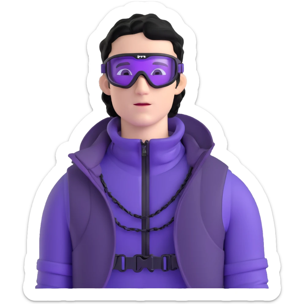 male athlete with white skin and moderately curly black hair on top with shaved sides, wearing ski goggles with purple frames and very dark black lenses, a simple plain black chain necklace, and an open shiny purple vest showing his chest and abs, no earrings sticker