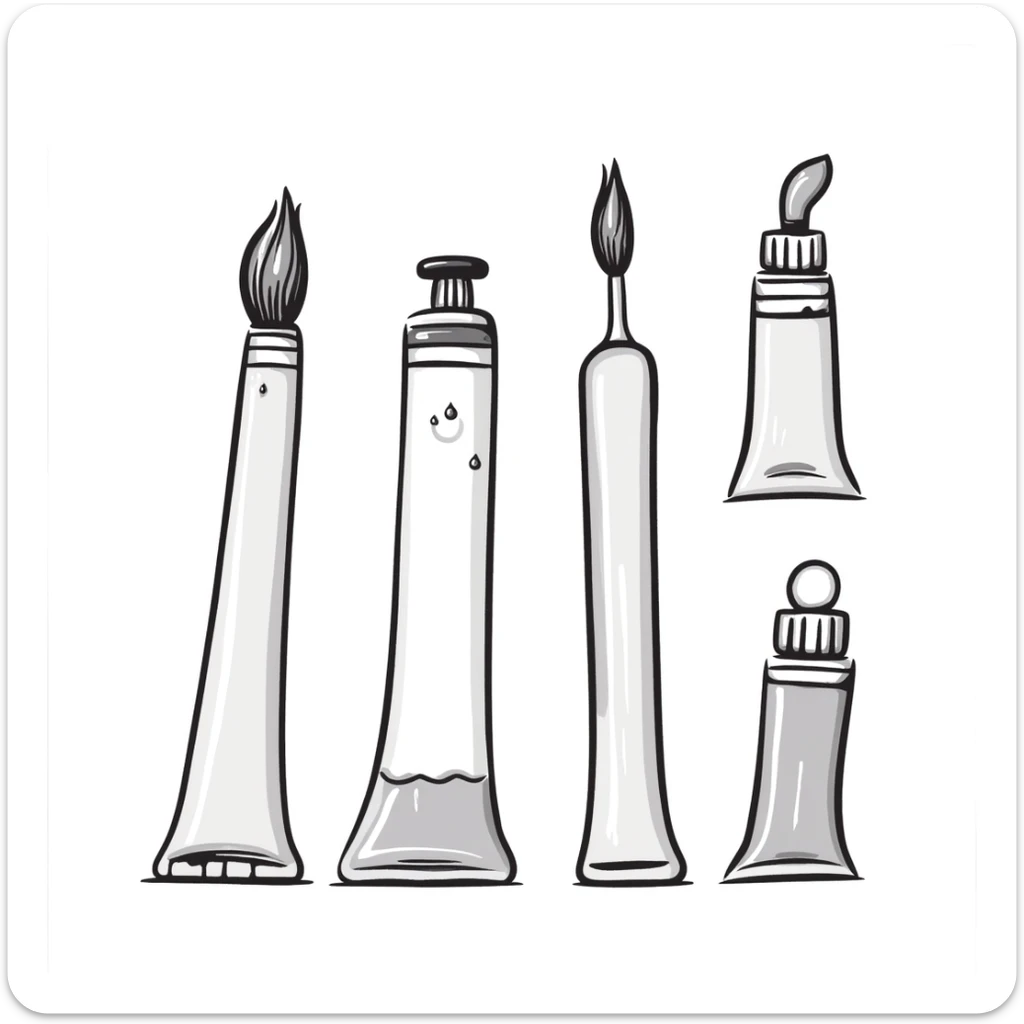 Set of artist's paint tubes with different sizes and caps. Some tubes are squeezed in the middle. Using specific pastel colors (dd9fb0, ffc6d3, a3bfc9, c4bee2, f1b091). Hand-drawn doodle style with intricate details. Transparent background. sticker