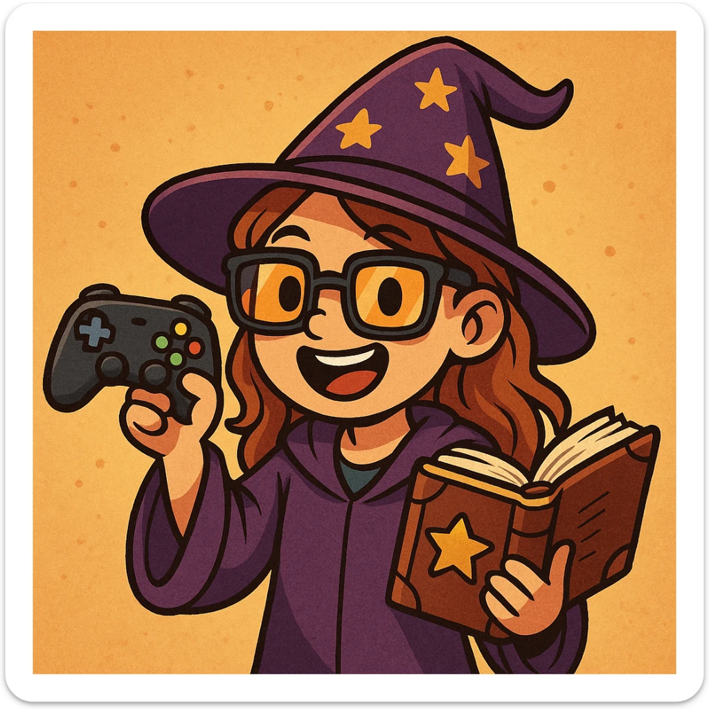 a cheerful girl wizard with a joystick and a spellbook, wearing a pointy hat and gaming glasses sticker