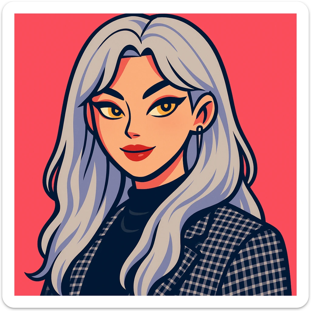 Create a stylized cartoon portrait of a woman with long silver hair, golden eyes, and fashionable clothing in a vibrant toon style with bold colors and smooth shading. sticker
