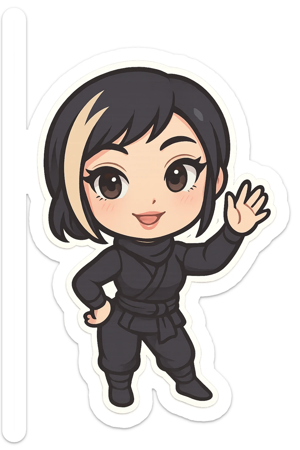 Chibi ninja girl with black short hair and a blonde streak, big head, small body and arms, not overly round or infant-like, cute and playful, anime-style face with large expressive eyes, small nose and mouth, subtle blush, hand fully raised, waving to the right, smiling, pastel colors, soft shading, clean outlines, no mask, transparent background, face looks sexy with slightly parted lips, confident gaze, longer lashes, subtle contouring, for animation frame 2 sticker