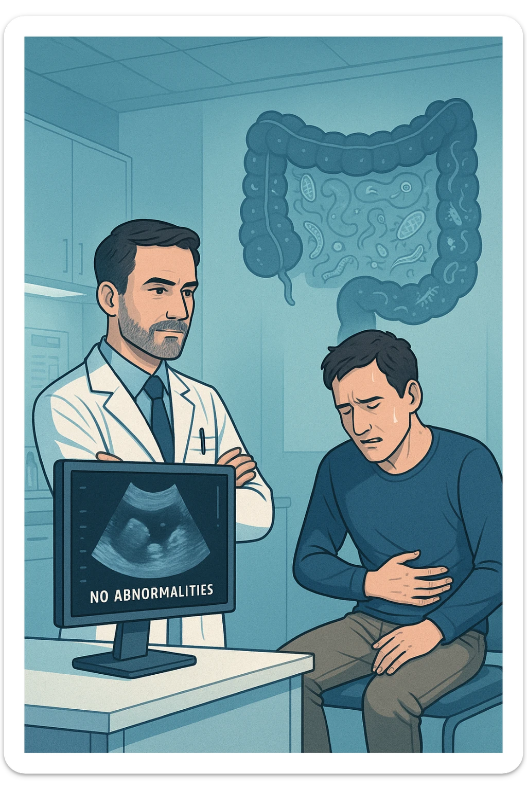 Medico in camice bianco in uno studio moderno, mentre osserva una TAC o ecografia su uno schermo con espressione convinta. Accanto a lui, un paziente seduto che lamenta dolori intestinali. Sullo sfondo, un’immagine traslucida dell’intestino pieno di piccoli parassiti stilizzati (vermi, protozoi), non visibili nel monitor medico. Il monitor mostra 'nessuna anomalia', ma dietro c’è la realtà invisibile. Atmosfera clinica ma con contrasto simbolico tra 'ciò che si vede' e 'ciò che sfugge'. Colori freddi, luce ospedaliera sticker