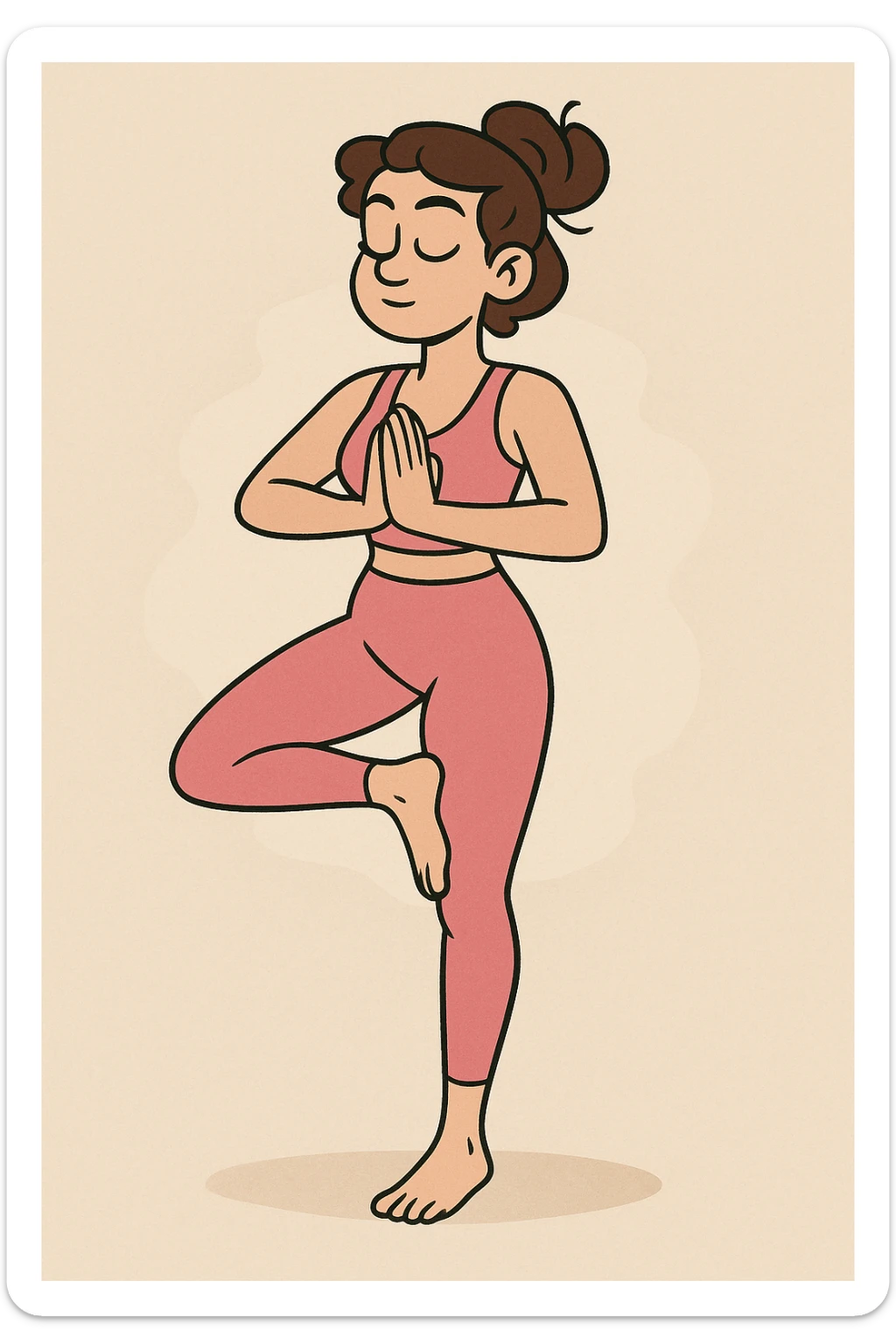 woman in a pink yoga outfit holding a yoga pose, minimal background, calm and focused expression sticker