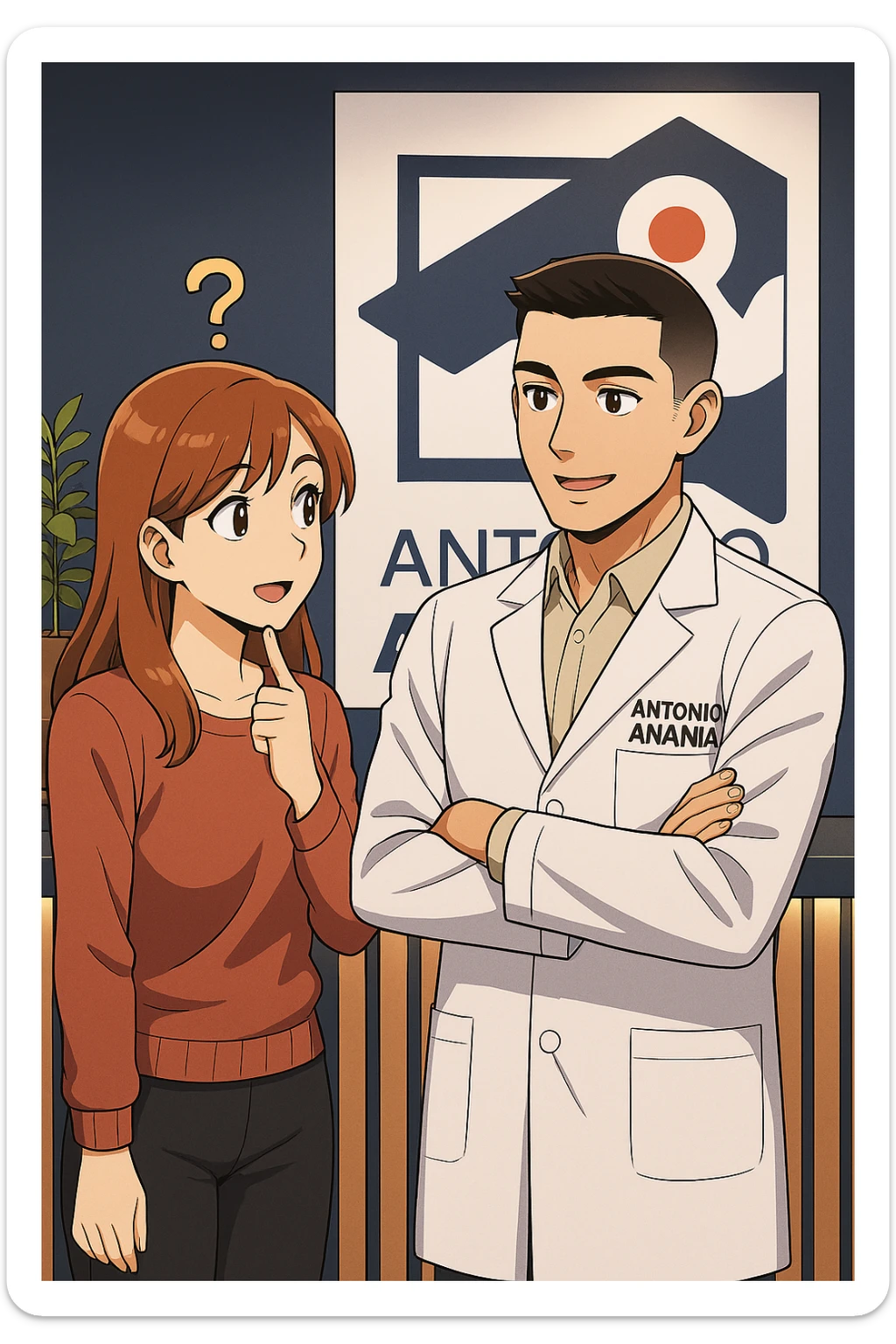 su questo stile fai un manga/webtoon a colori in cui una donna incuriosita fa una DOMANDA ALL'UOMO, l'uomo della foto in stile manga LE risponde, mantieni un ambiente simile alla foto che ho allegato con il suo logo (sarebbe il suo studio, lui è un kinesiologo), scrivigli "ANTONIO ANANIA" sul camice bianco, non mettere fumetti, ma fai in modo che sembri che la donna CHIEDA curiosa E L'UOMO le risponda sticker