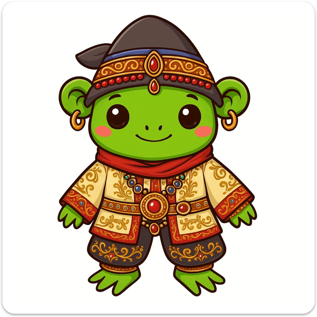 Add finer details like jewelry and decorative elements to the Bashkir attire on the cute frog (sticker style) sticker