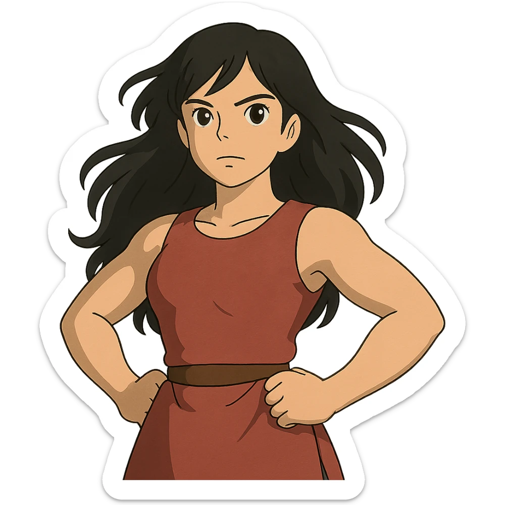 ghibli style strong girl with brown eyes, flesh-colored skin, long slightly wavy black hair sticker