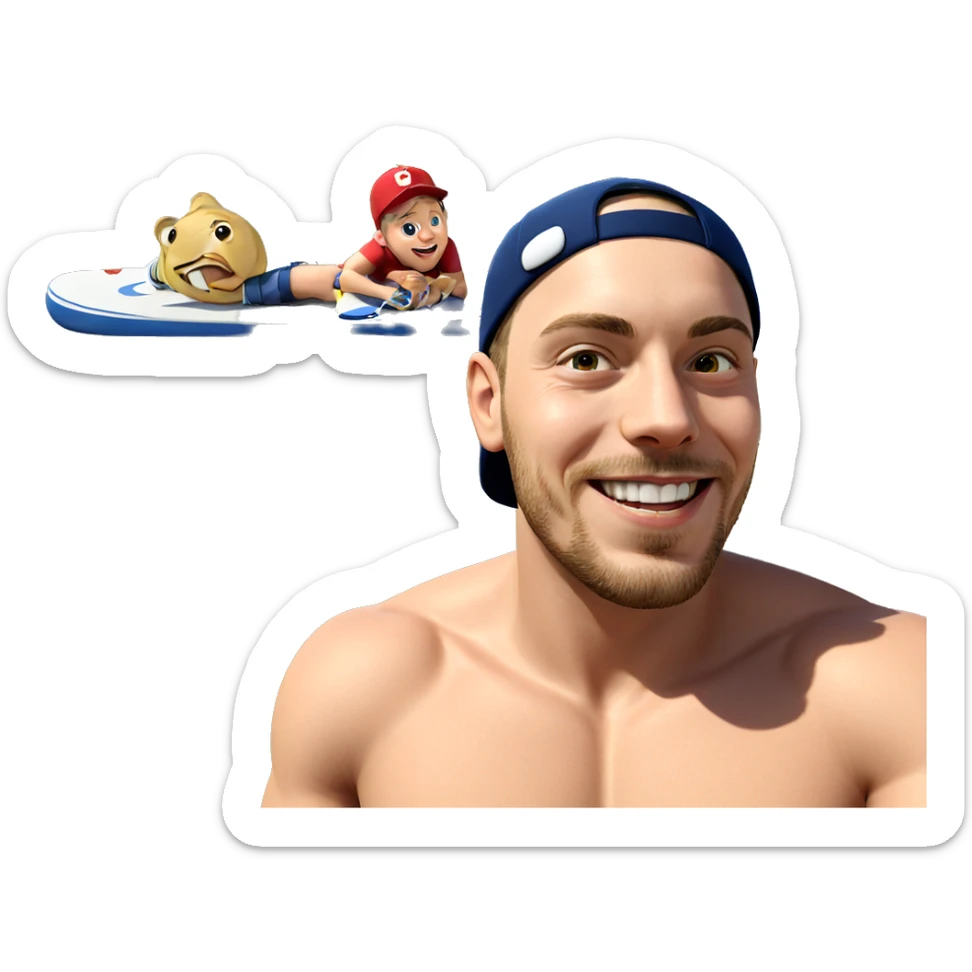 smiling boy with baseball cap sticker