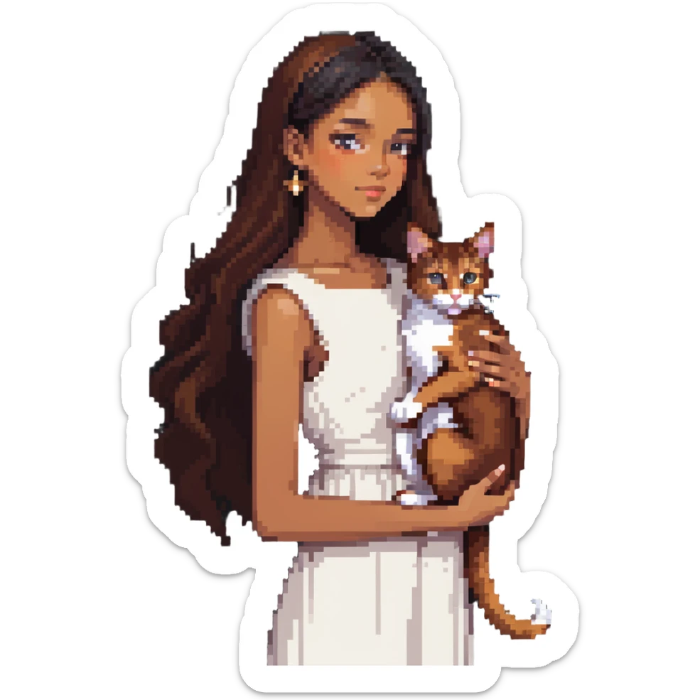 beautiful girl with long black hair wearing a white dress holding an Abyssinian cat with reddish-brown fur in her arms sticker
