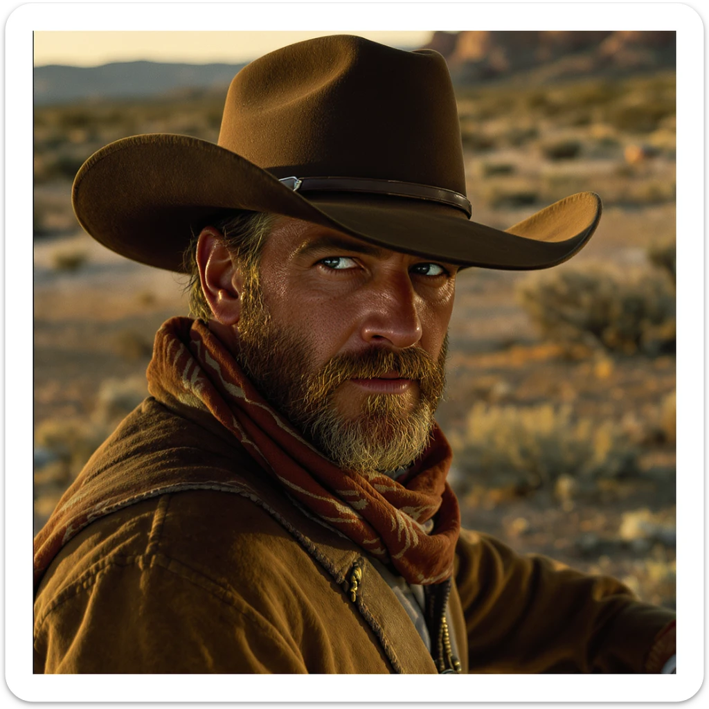 Cinematic , documentary photography, top angle medium shot, cowboy look eye brave, hard light golden hour, desert arizona, shot on arri alexa, 80s movie sticker