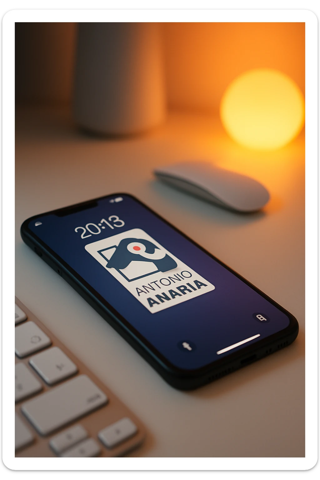 A photo of an iPhone on the desk with the message "Antonio Anania" on its screen, The phone sits atop a desk with a blurred background that suggests work environment. A faint glow from above casts gentle shadows across the surface of each object, creating depth and highlighting their textures sticker