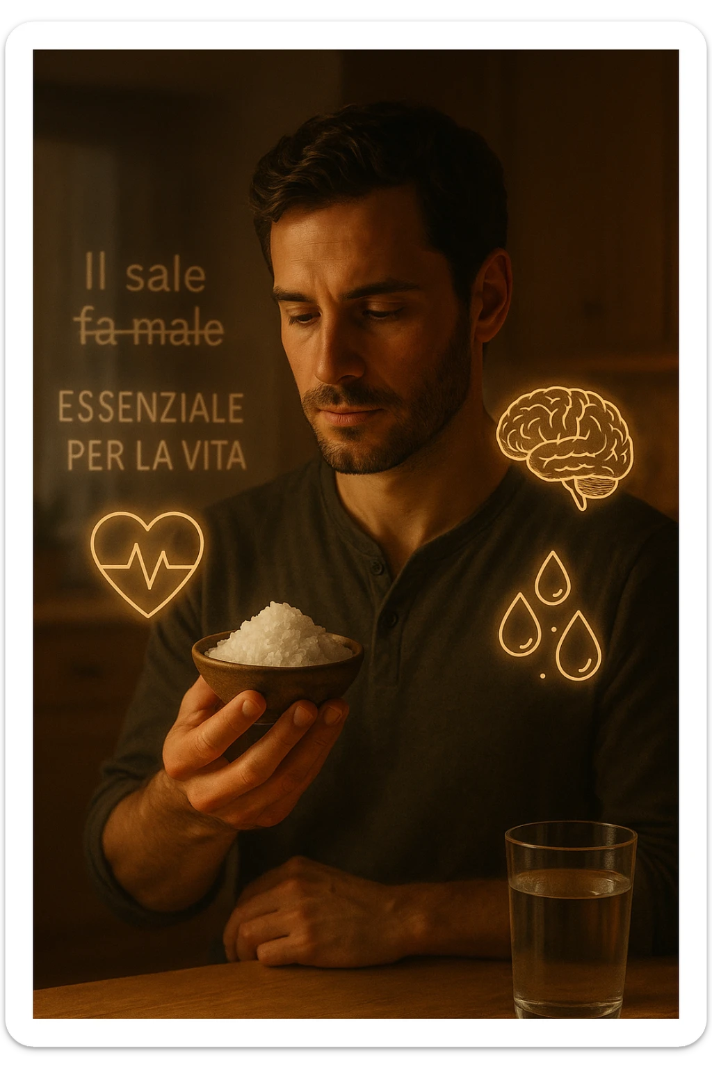 A realistic, cinematic illustration of a man in his early 30s holding a small bowl of unrefined sea salt in his hand, looking at it with awareness and respect. Around him, glowing minimalistic symbols of a beating heart, a brain, and hydrated cells appear, indicating the essential role of sodium in hydration, nerve conduction, and overall cellular health. In the background, faint text or floating words show the false myths: ‘Il sale fa male’, crossed out gently, while the phrase ‘Essenziale per la vita’ glows softly. The setting is a warm, softly lit kitchen with a glass of water nearby, emphasizing balance. The color palette is warm, natural, and calming, emphasizing that salt, when used consciously, is vital for human health, against common misconceptions demonizing it. sticker