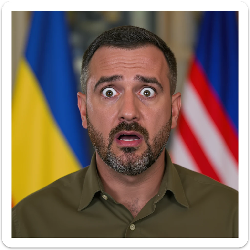 highly realistic, photorealistic portrait of Volodymyr Zelensky, President of Ukraine, expression of fear and shock, entire head and shoulders fully visible, centered in frame, short dark hair, trimmed beard, wearing dark olive green shirt sticker