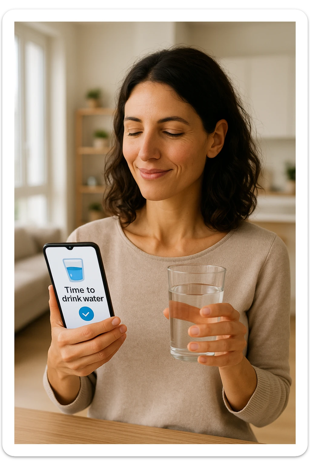 Donna che usa App per ricordarsi di bere, altrimenti non beve mai in italiano sticker