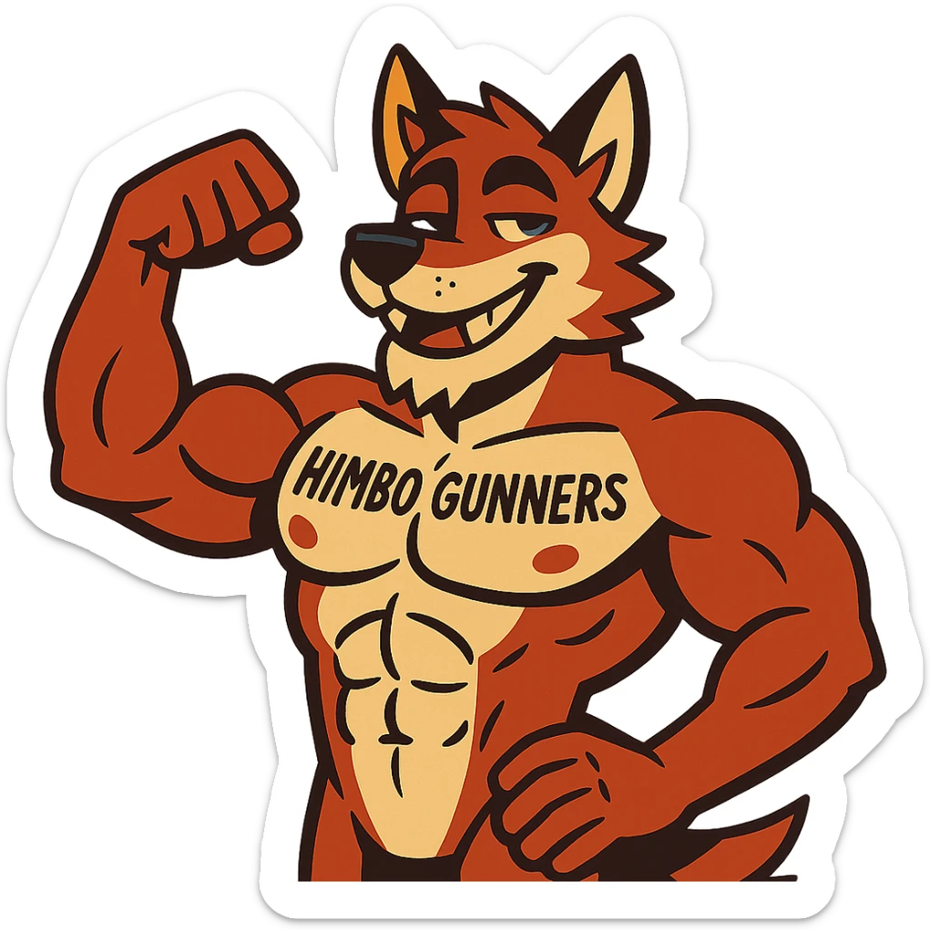 extremely muscular, attractive wolf furry, shirtless, with 'Himbo Gunners' tattoo across chest, flexing, confident and good-looking sticker