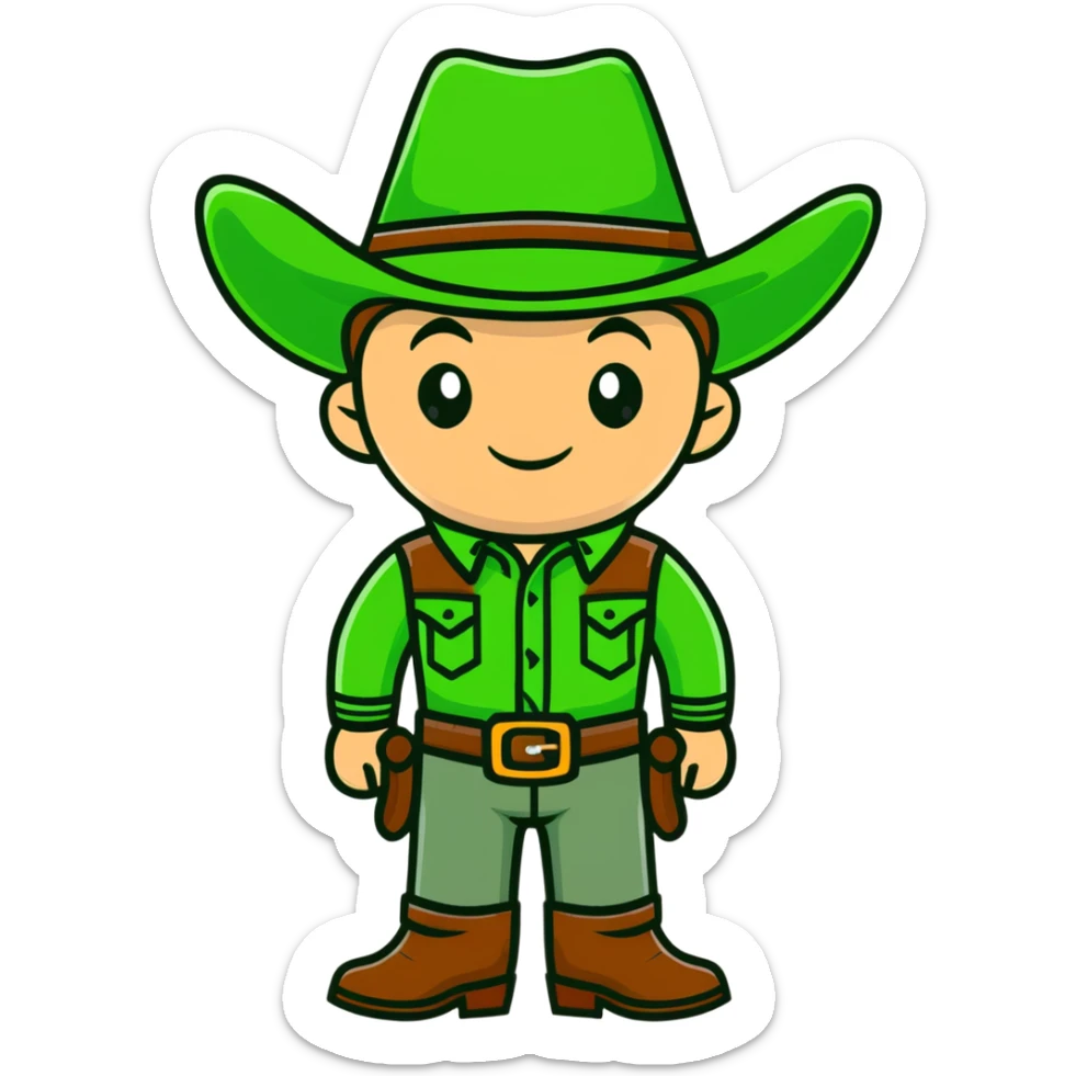 Cartoon cowboy with bright green outfit and matching green cowboy hat, western style sticker