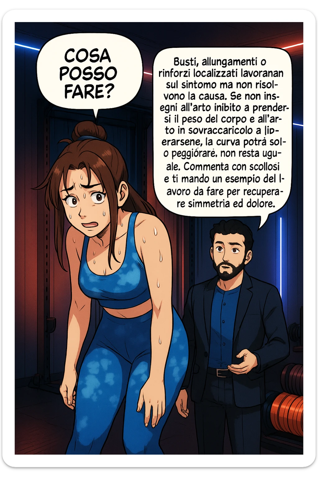 ispirati a questo stile di disegno e fai questa immagine in versione manga/webtoon a colori, il manga mostra la donna preoccupata che chiede: "COSA POSSO FARE?" E L'UOMO CHE RISPONDE: Busti, allungamenti o rinforzi localizzati lavorano sul sintomo ma non risolvono la causa. Se non insegni all’arto inibito a prendersi il peso del corpo e all’arto in sovraccarico a liberarsene, la curva potrà solo peggiorare; non resta uguale. Commenta con scoliosi e ti mando un esempio del lavoro da fare per recuperare simmetria ed eliminare il dolore. sticker