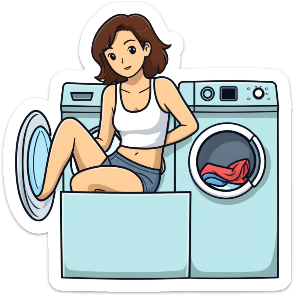 Caucasian woman with brown hair and big boobs wearing a tank top lying on a washer and dryer sticker