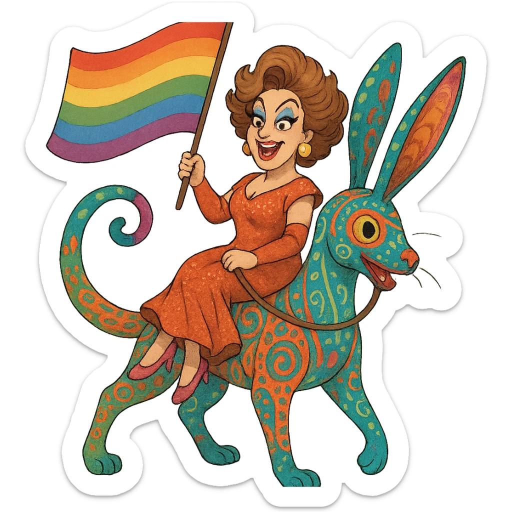 drag queen on a fantastical alebrije, holding an LGBTQ flag, in a detailed and whimsical ghibli style sticker