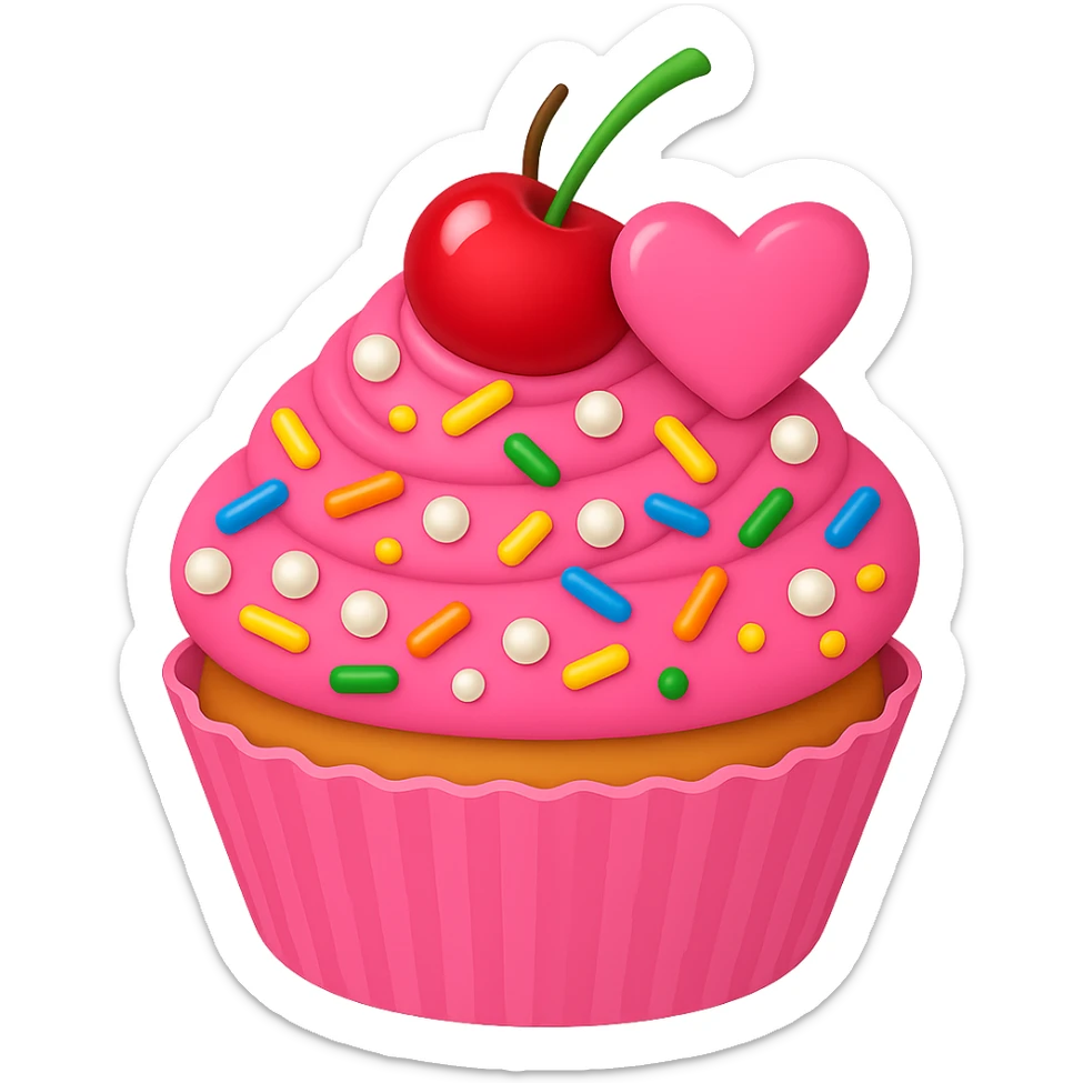 Add a cherry on top of the pink cupcake with pearls and rainbow sprinkles in emoji style. The image should have no background. sticker