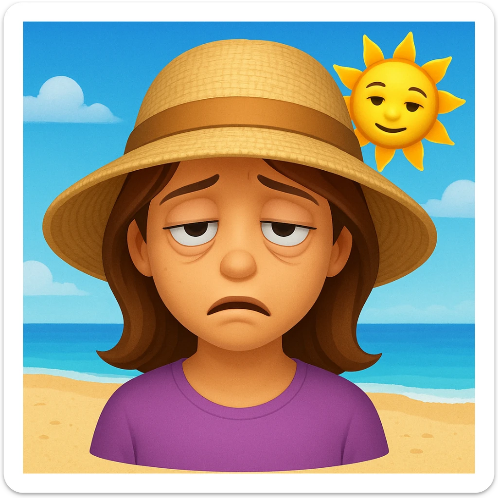 girl, sun is blazing, rest is boring emoji 18.1, emoji style, make the girl's face tired, add a beach, change the hair color sticker