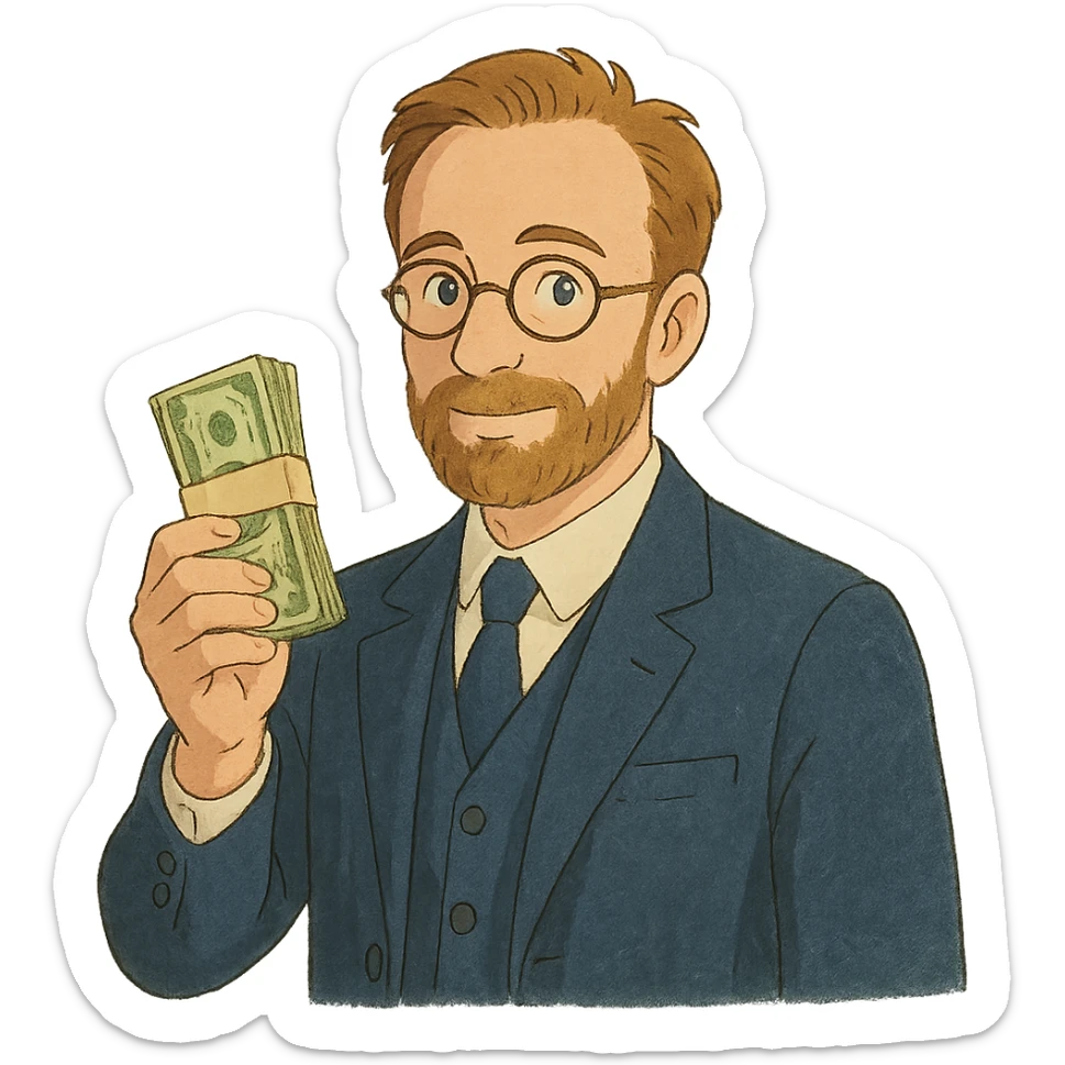ghibli style illustration of Nikolai Astrup, Norwegian politician, holding a pack of money in his hand sticker