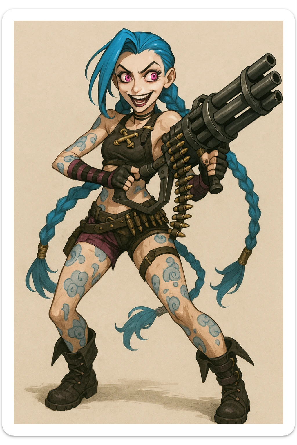 slender athletic young woman with long electric blue hair in two thick braids, bright pinkish-purple eyes, manic mischievous expression, punk-inspired outfit with cropped top, striped arm sleeves, mismatched shorts with belts, knee-high boots, adorned with bullet belts and pouches, blue tattoos in swirling mechanical patterns on arms legs torso, holding mini-gun sticker