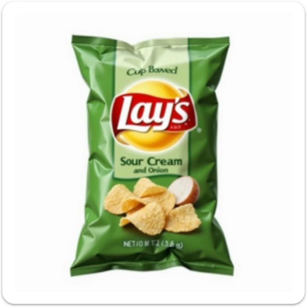 realistic Lay's Sour Cream and Onion potato chips bag, green and yellow packaging, iconic logo, chips visible, appetizing, isolated on white background sticker