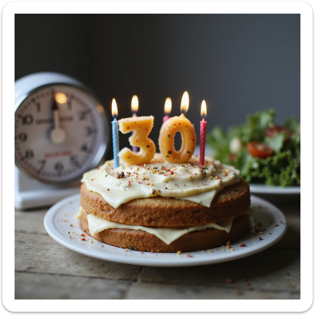 realistic 4K close-up of a cake with 30 candles, next to a scale and a plate of salad, symbolizing changing metabolism sticker