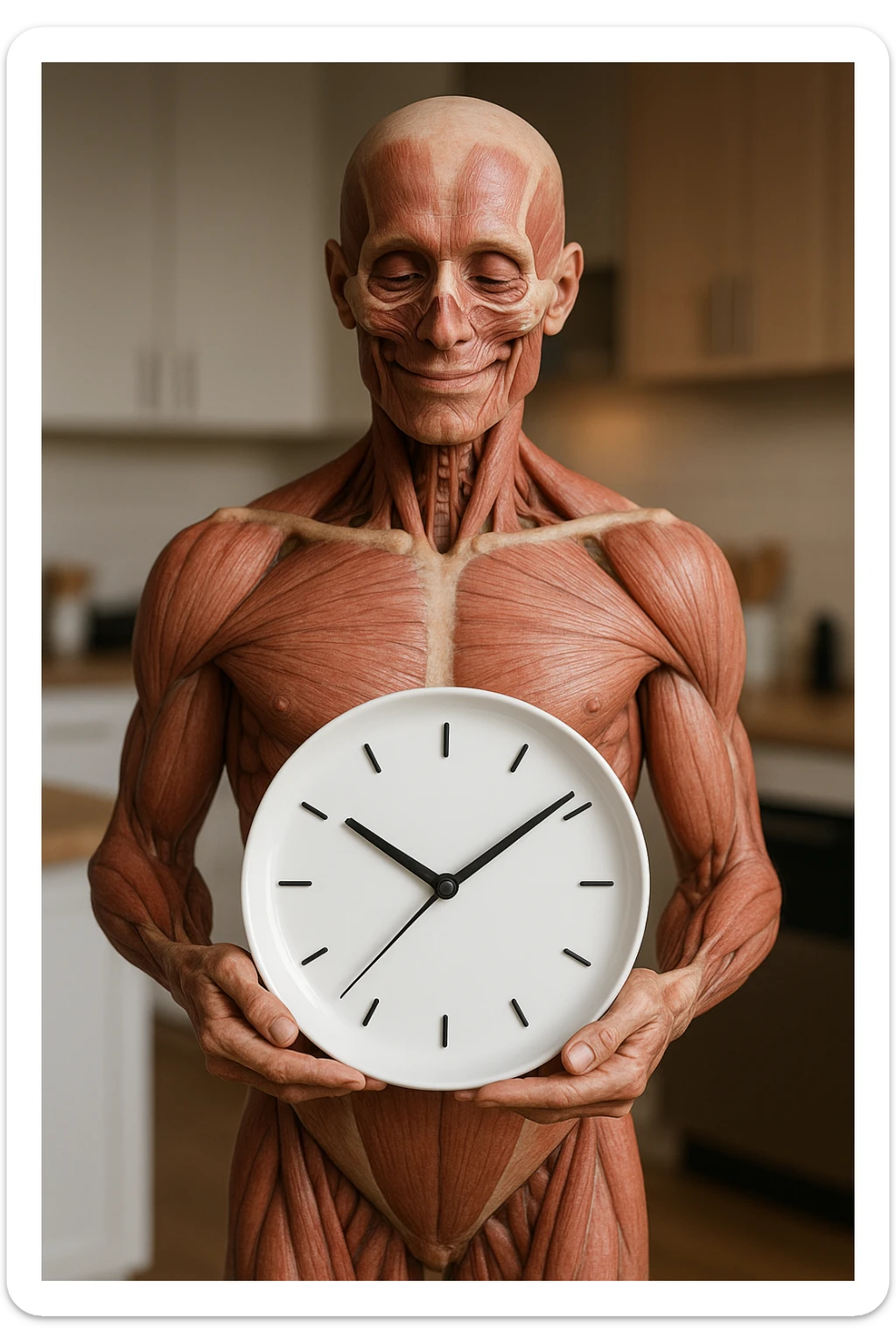 corpo umano anatomico, che tiene in mano un piatto bianco con la lancette di un orologio sopra, figura visibile fino ai fianchi, espressione del volto soddisfatta, sullo sfondo la sua cucina sfocata, iperrealistico 4k sticker