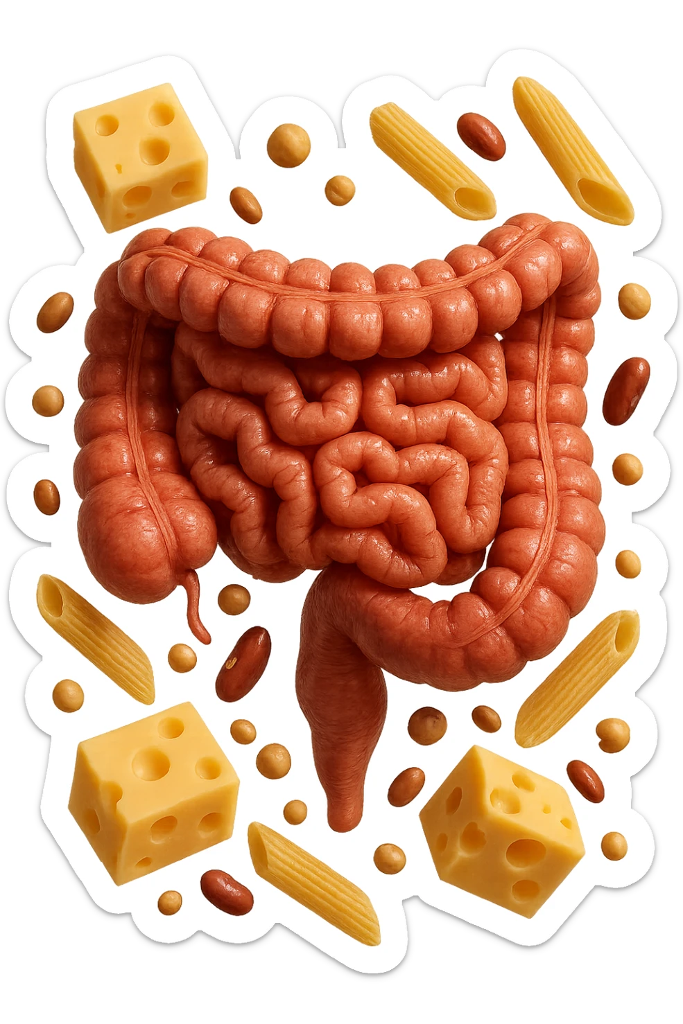 PEZZETTI DI EMMENTAL, PENNE DI PASTA RIGATE E LEGUMI FLUTTUANO INTORNO AD UN INTESTINO UMANO ANATOMICO REALISTICO, iperrealistico 4k sticker