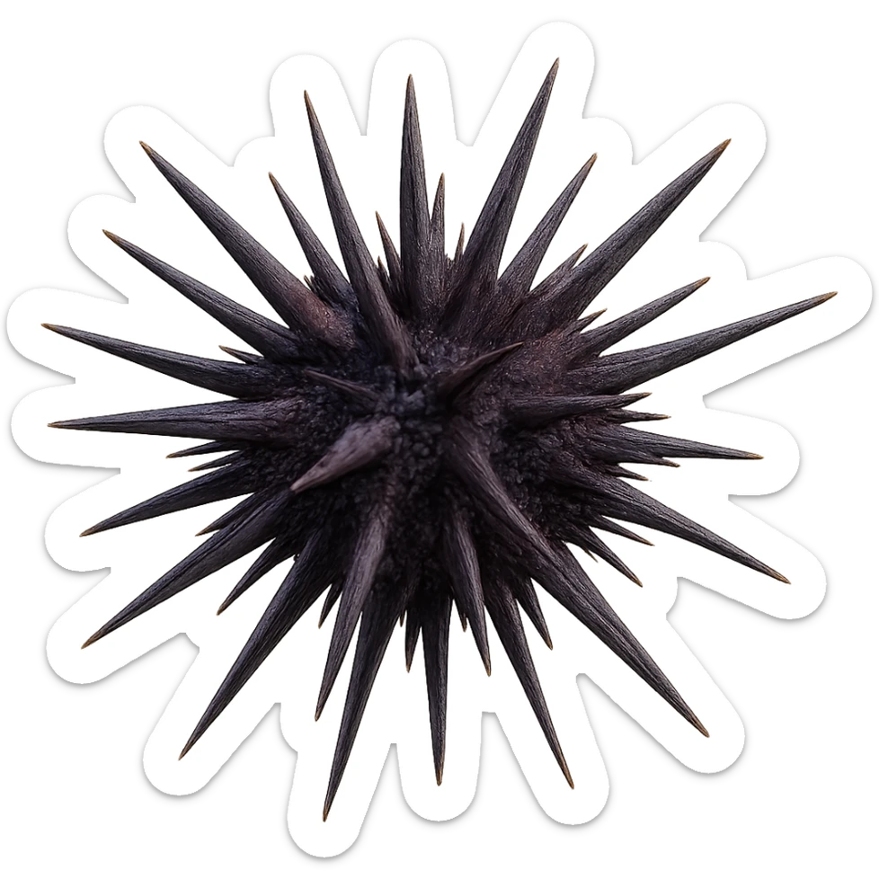 Add realistic purple and dark colors to the sea urchin, keep the dangerous spikes and realistic shape, with a transparent background. Maintain the natural and realistic appearance of the sea urchin's spikes and overall form. sticker