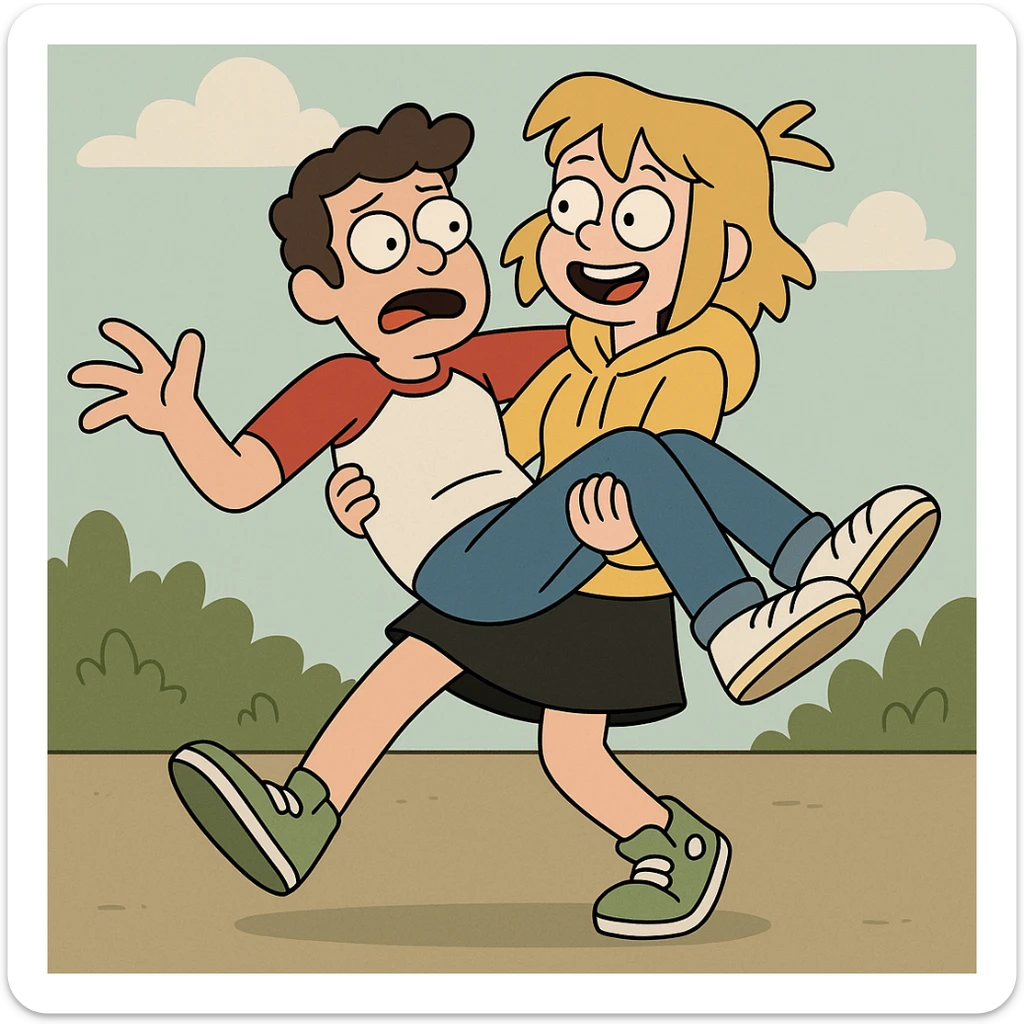 A man Raglan sleeves with Red t-shirts blue jeans white shoes carried by a cute a girl yellow hoodie black skirt green shoe  sticker