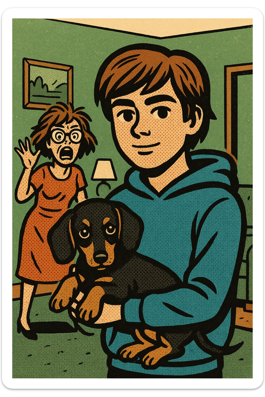A modern day teenager with brown hair wearing a blue hoodie with a black and tan puppy dachshund in a green living room with a crazy mum with brown hair wearing big glasses in the background sticker