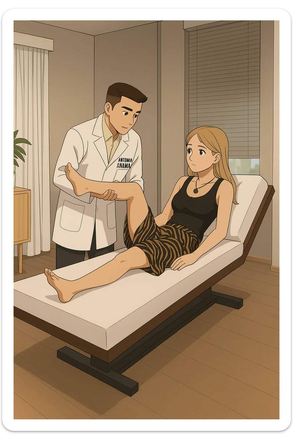 fai un webtoon/manga a colori con questo kinesiologo in camice bianco (fagli la scritta "ANTONIO ANANIA" SUL CAMICE) CHE SVOLGE UN TEST NEUROMUSCOLARE SOLLEVANDO UNA GAMBA ALLA RAGAZZA CHE è STESA SU UN LETTINO BIANCO. STANZA SEMPLICE E MODERNA, DURANTE IL TEST I DUE DIALOGANO TRA LORO. NON FARE I FUMETTI, FAI SOLO LORO COME SE DIALOGASSERO sticker