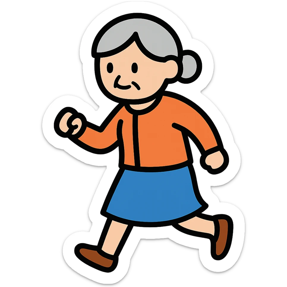 Change the walking pose of the elderly woman with short hair to a brisk walk. sticker