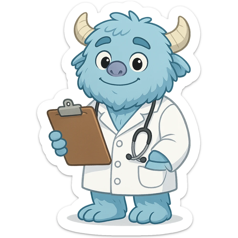 cartoon blue yeti, gentle eyes, dressed as a doctor in a white coat, holding a clipboard sticker