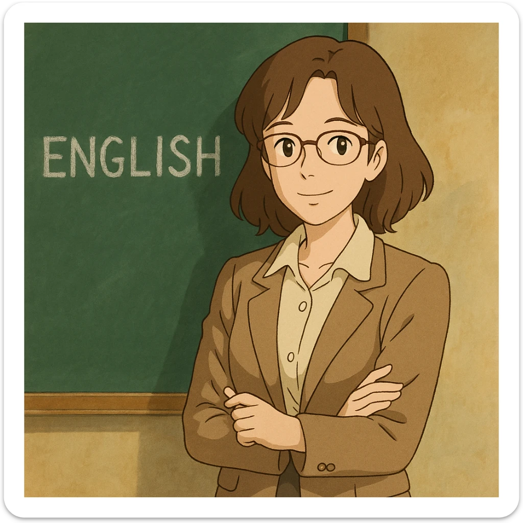 woman English teacher with brown hair, standing by a chalkboard, in ghibli style sticker