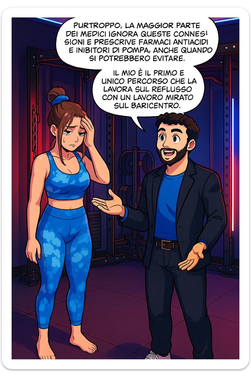 TRASFORMA QUESTO CAROSELLO IN UN FUMETTO STILE WEBTOON/MANGA A COLORI CON QUESTE DUE PERSONE IDENTICHE CHE INTERLOQUISCONO TRA LORO, L'uomo sta spiegando alla donna questo concetto MENTRE LA DONNA SI TIENE la mano sulla fronte sconcertata:

LUI (UOMO): Purtroppo, la maggior parte dei medici ignora queste connessioni e prescrive farmaci antiacidi e inibitori di pompa, anche quando si potrebbero evitare.
Il mio è il primo e unico percorso che lavora sul reflusso con un lavoro mirato sul baricentro; sticker