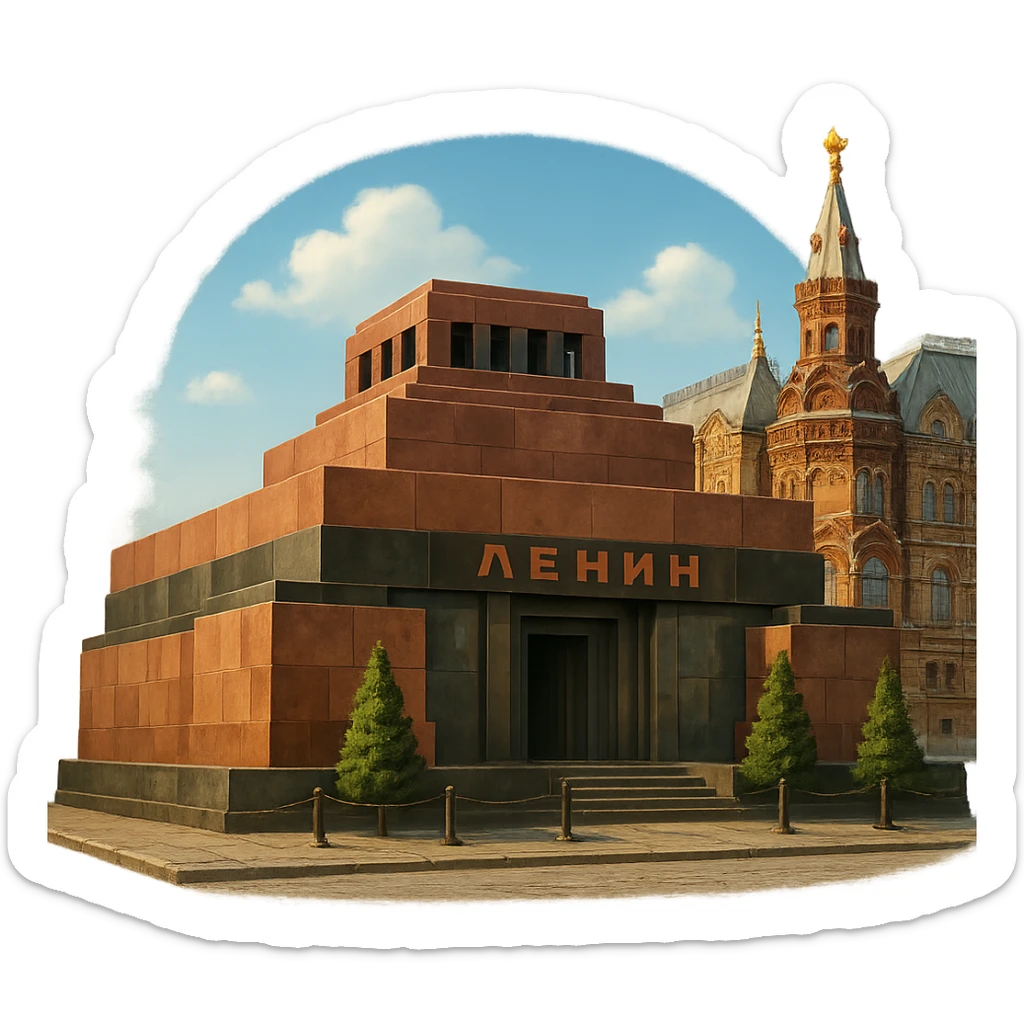 cinematic realistic emoji of Lenin's Tomb in Moscow, featuring majestic ornate architecture, lifelike detail, bright lighting, accurate colors sticker
