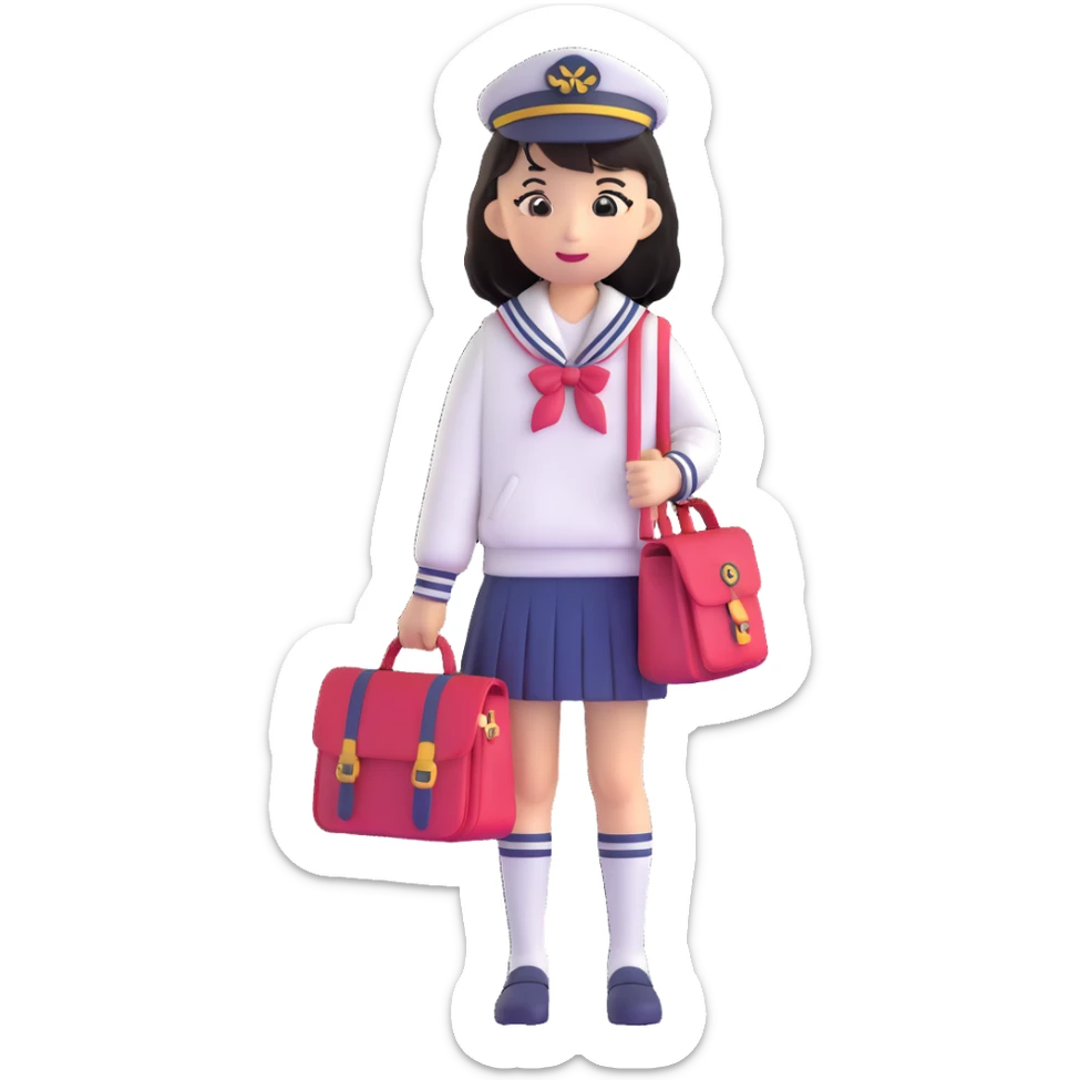 Cute Japanese female high school student in sailor uniform carrying a school bag sticker