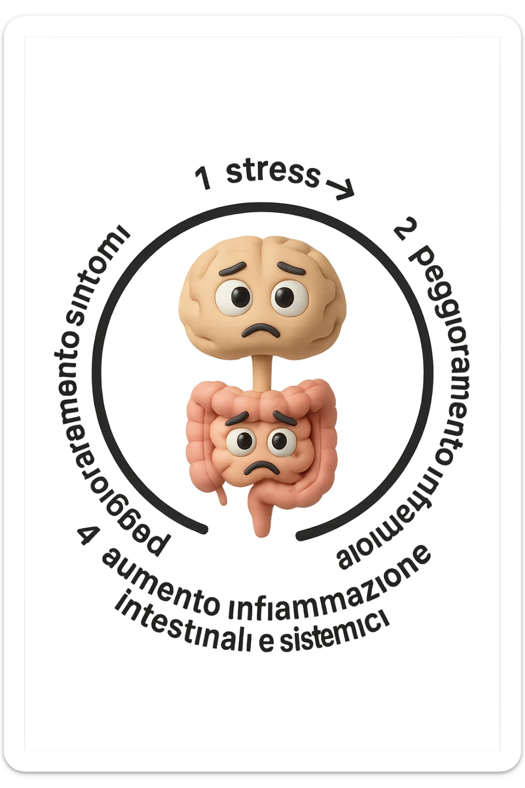 EMOJI STILE IPHONE 3D DI un cerchio con queste scritte che girano intorno in ordine per come li ho scritti "1. stress → 2. peggioramento intestinale → 3. aumento infiammazione → 4. peggioramento sintomi intestinali e sistemici." al centro del cerchio metti un cervello e intestino umani collegati verticalmente con espressione dubbiosa in volto, FALLO MOLTO REALISTICO IN 3D sticker